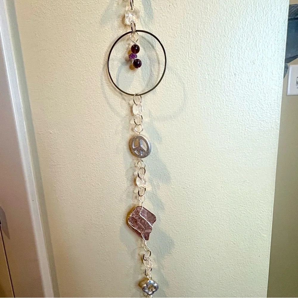 Handmade One of a Kind Gemstone Wall Hanging Lepidolite & Amethyst